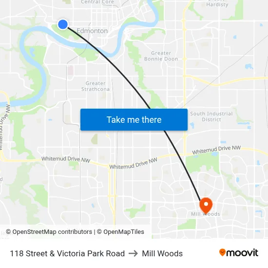 118 Street & Victoria Park Road to Mill Woods map