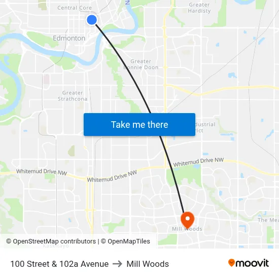 100 Street & 102a Avenue to Mill Woods map