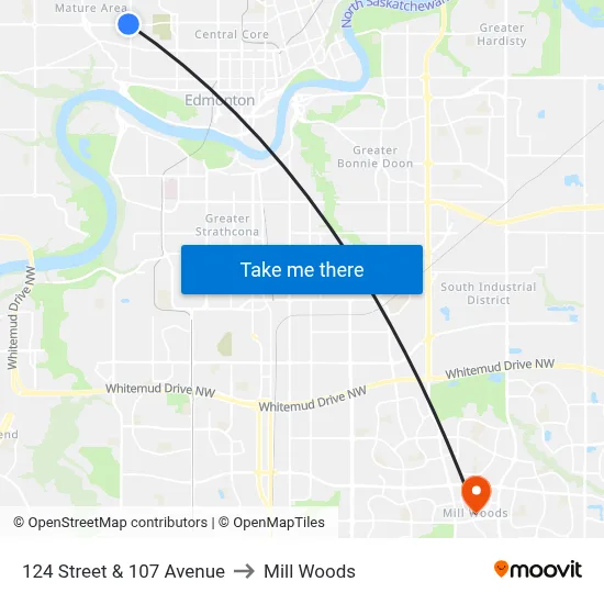 124 Street & 107 Avenue to Mill Woods map