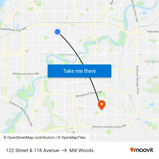 122 Street & 118 Avenue to Mill Woods map