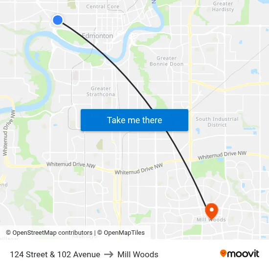 124 Street & 102 Avenue to Mill Woods map