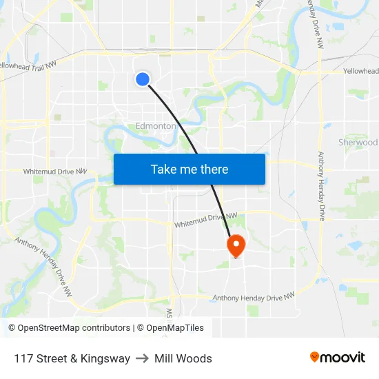 117 Street & Kingsway to Mill Woods map