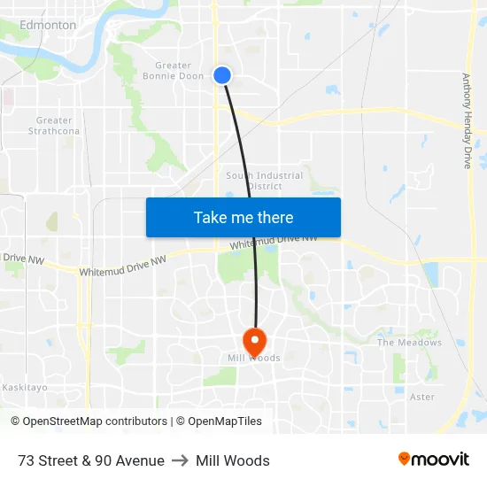 73 Street & 90 Avenue to Mill Woods map