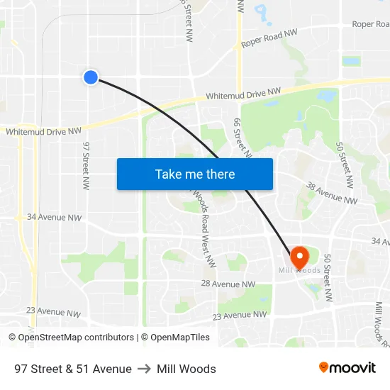 97 Street & 51 Avenue to Mill Woods map