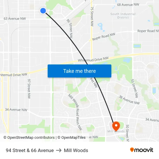 94 Street & 66 Avenue to Mill Woods map