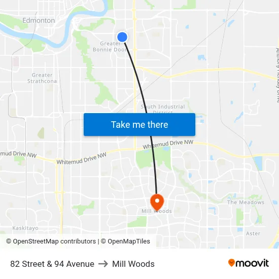 82 Street & 94 Avenue to Mill Woods map