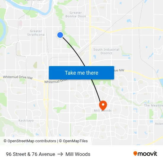 96 Street & 76 Avenue to Mill Woods map