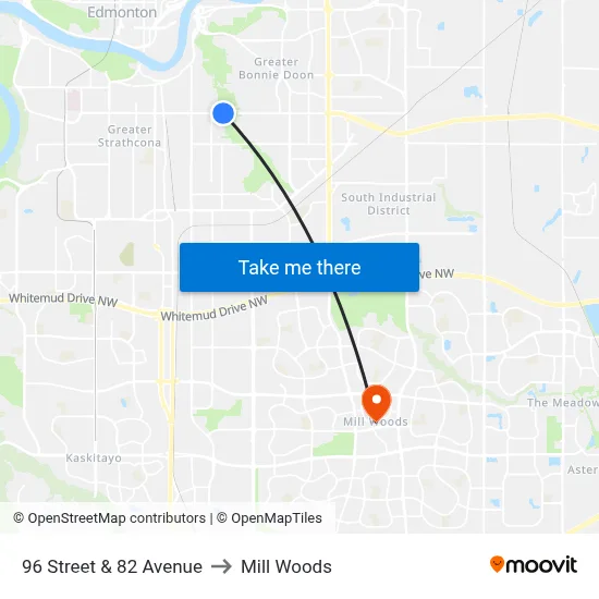 96 Street & 82 Avenue to Mill Woods map