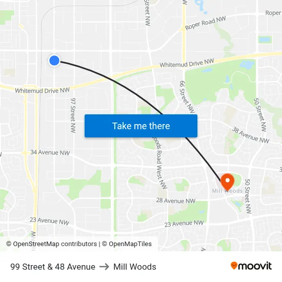 99 Street & 48 Avenue to Mill Woods map