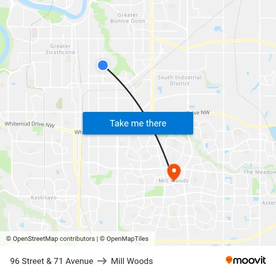 96 Street & 71 Avenue to Mill Woods map