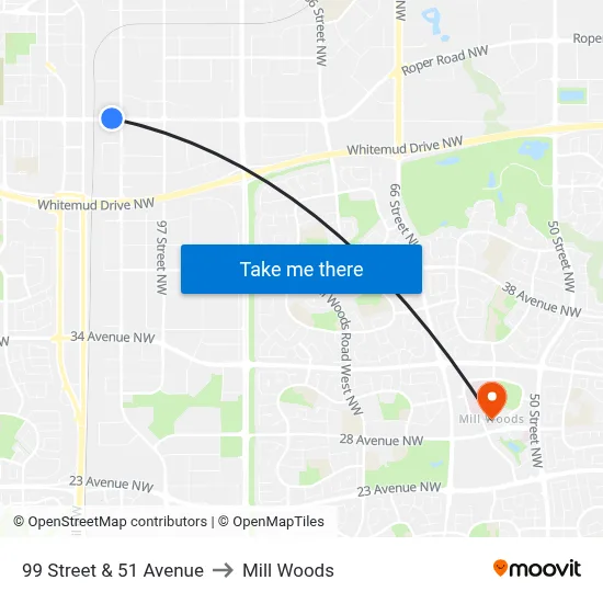 99 Street & 51 Avenue to Mill Woods map
