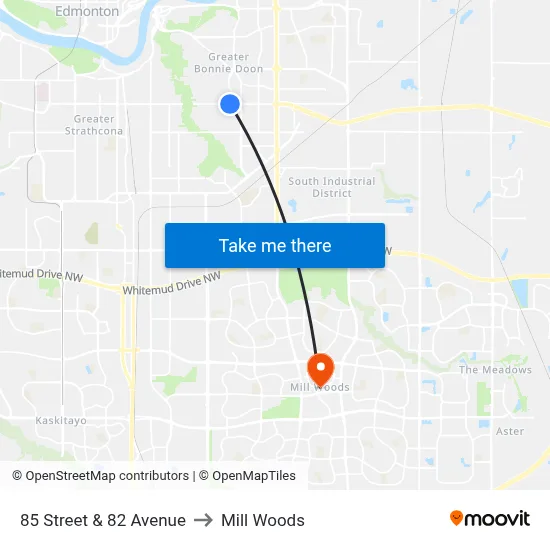 85 Street & 82 Avenue to Mill Woods map