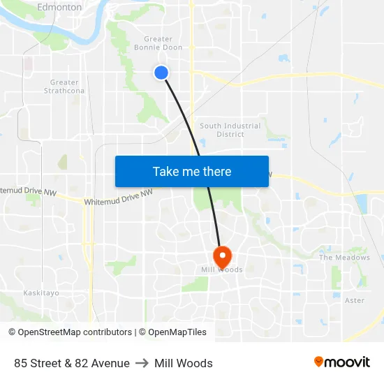 85 Street & 82 Avenue to Mill Woods map
