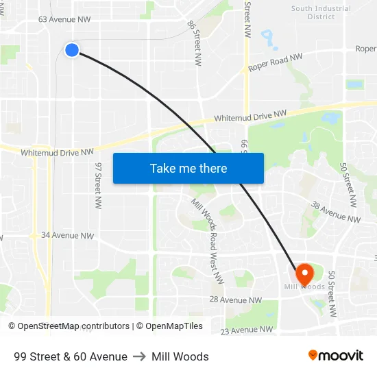 99 Street & 60 Avenue to Mill Woods map