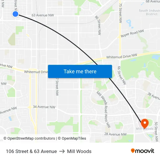 106 Street & 63 Avenue to Mill Woods map