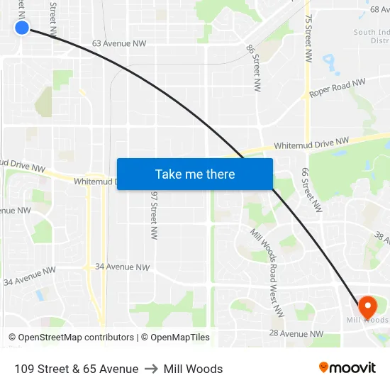 109 Street & 65 Avenue to Mill Woods map