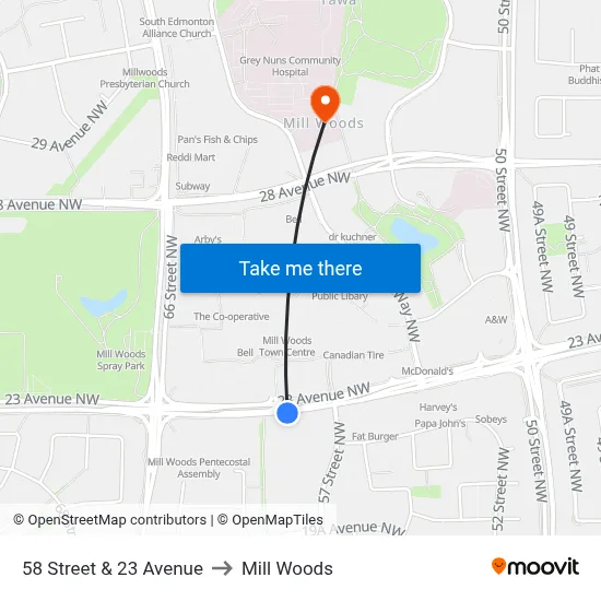 58 Street & 23 Avenue to Mill Woods map