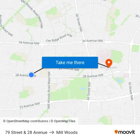 79 Street & 28 Avenue to Mill Woods map