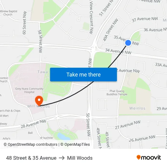 48 Street & 35 Avenue to Mill Woods map