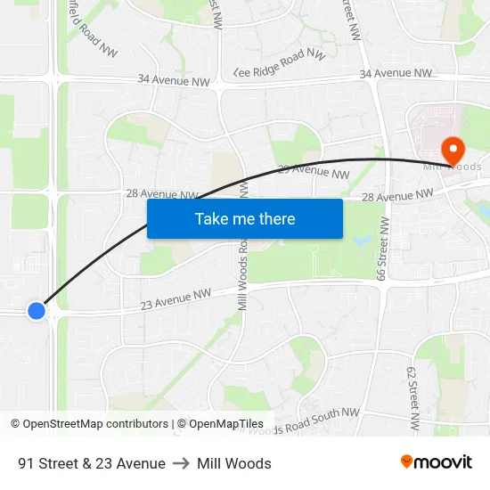 91 Street & 23 Avenue to Mill Woods map