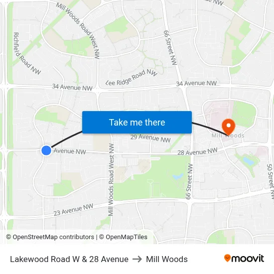 Lakewood Road W & 28 Avenue to Mill Woods map