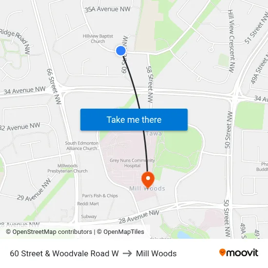 60 Street & Woodvale Road W to Mill Woods map