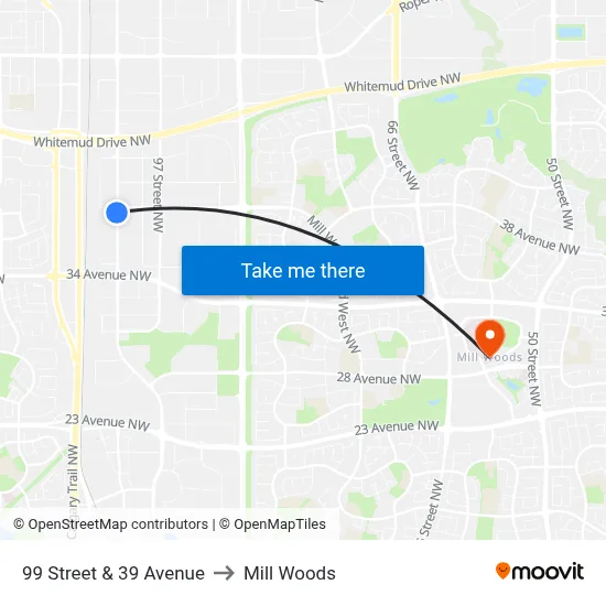 99 Street & 39 Avenue to Mill Woods map