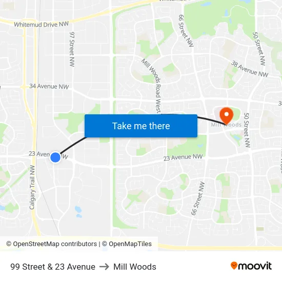 99 Street & 23 Avenue to Mill Woods map