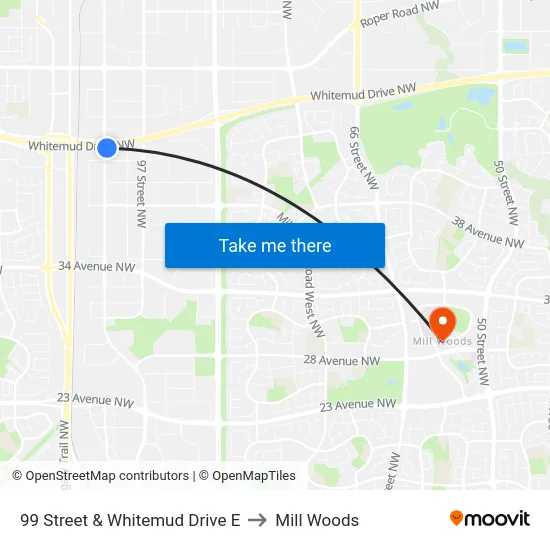 99 Street & Whitemud Drive E to Mill Woods map