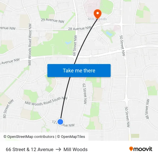 66 Street & 12 Avenue to Mill Woods map
