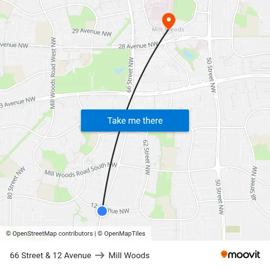 66 Street & 12 Avenue to Mill Woods map