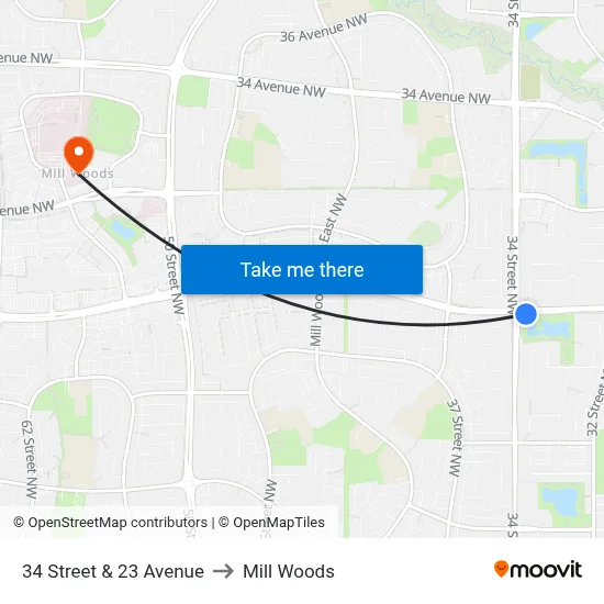 34 Street & 23 Avenue to Mill Woods map