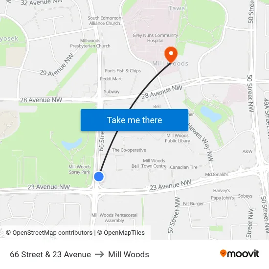 66 Street & 23 Avenue to Mill Woods map