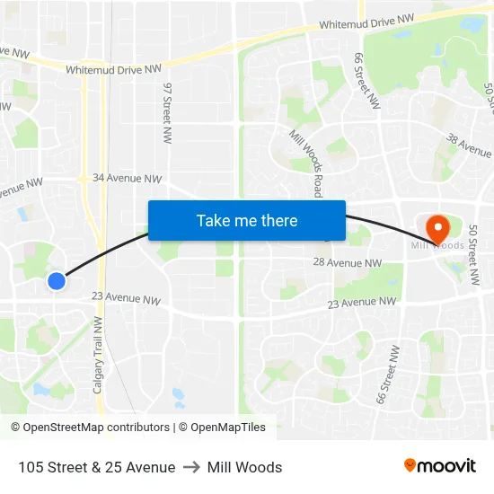 105 Street & 25 Avenue to Mill Woods map