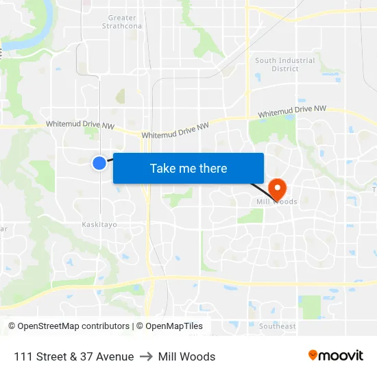 111 Street & 37 Avenue to Mill Woods map
