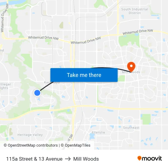 115a Street & 13 Avenue to Mill Woods map