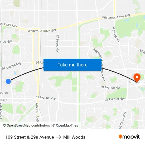 109 Street & 29a Avenue to Mill Woods map