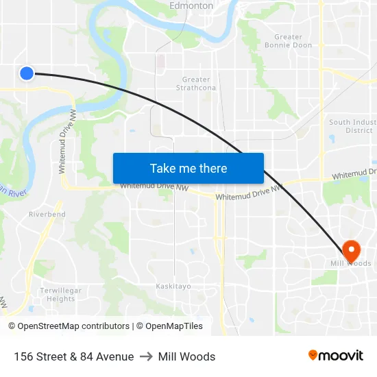 156 Street & 84 Avenue to Mill Woods map