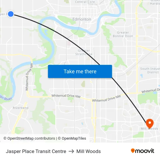 Jasper Place Transit Centre to Mill Woods map