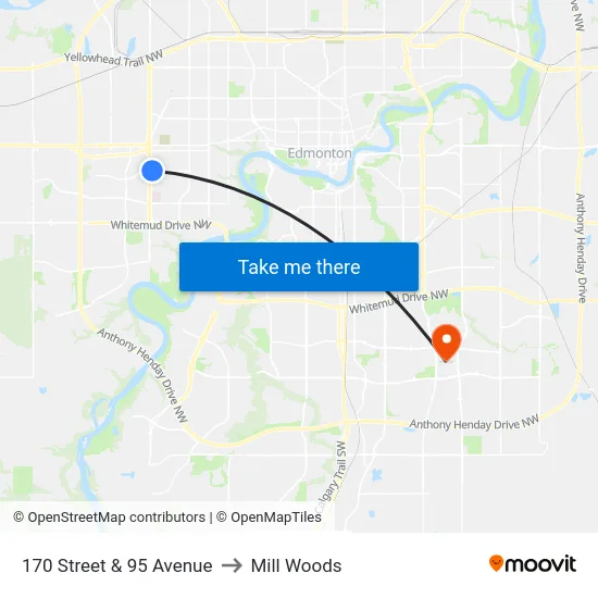 170 Street & 95 Avenue to Mill Woods map