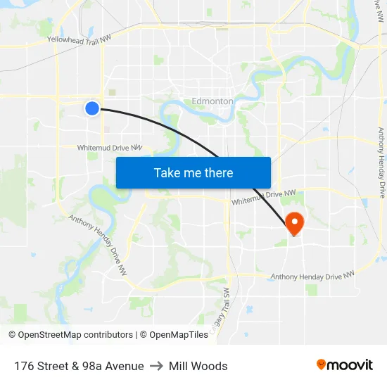 176 Street & 98a Avenue to Mill Woods map