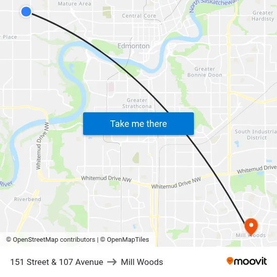 151 Street & 107 Avenue to Mill Woods map