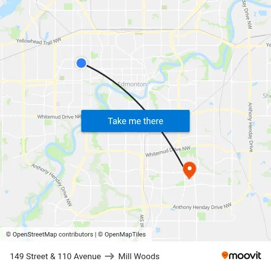 149 Street & 110 Avenue to Mill Woods map