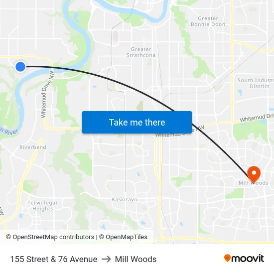 155 Street & 76 Avenue to Mill Woods map