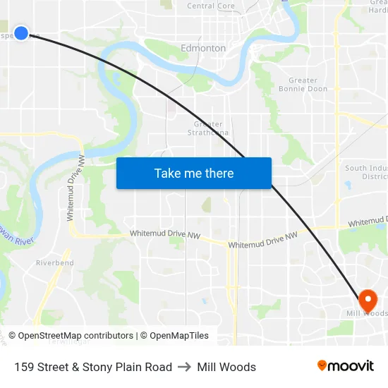 159 Street & Stony Plain Road to Mill Woods map