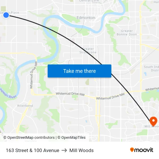 163 Street & 100 Avenue to Mill Woods map
