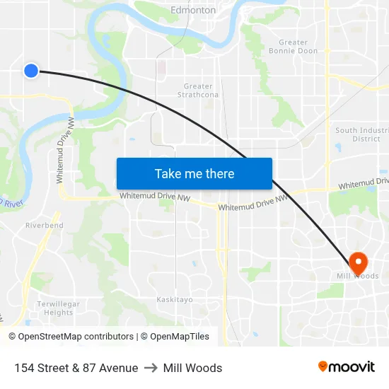 154 Street & 87 Avenue to Mill Woods map
