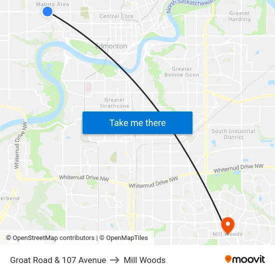 Groat Road & 107 Avenue to Mill Woods map