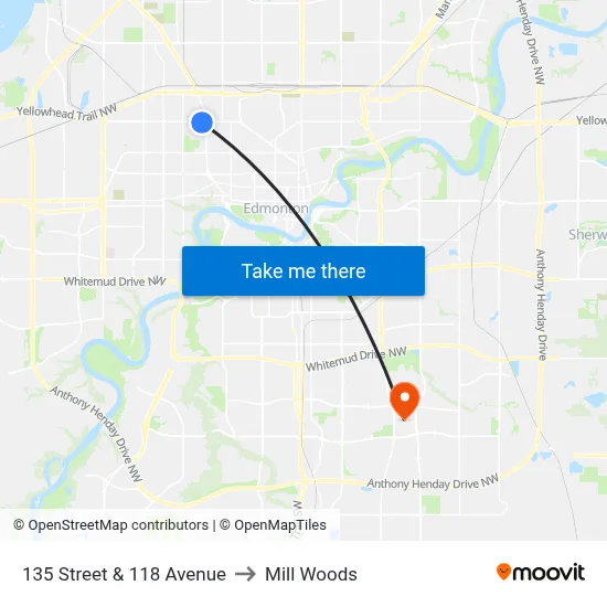 135 Street & 118 Avenue to Mill Woods map
