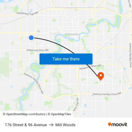 176 Street & 96 Avenue to Mill Woods map